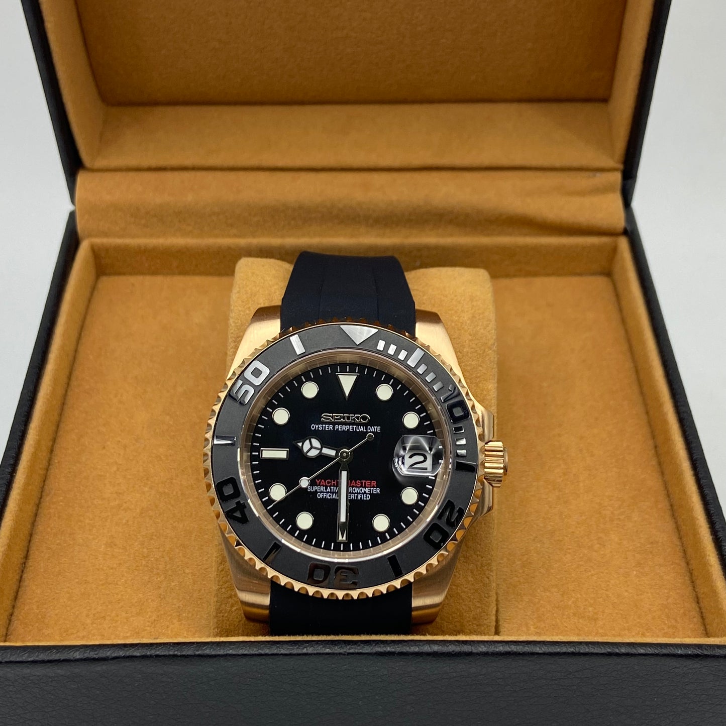 Seiko Mod Yacht Master– Midnight Dial with Gold Case & Sport Rubber Strap