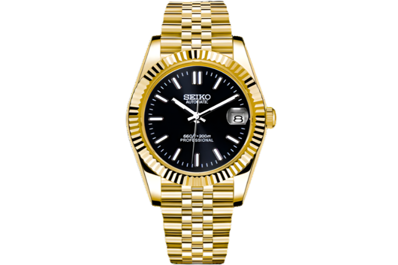 Gold watch with black face on a white background