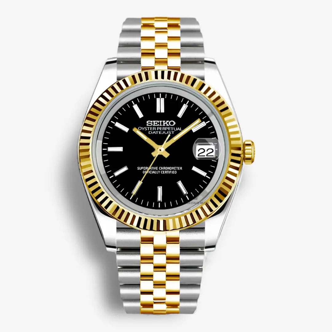 Seiko Mod Datejust – Obsidian Black Dial with Luxe Gold Bracelet