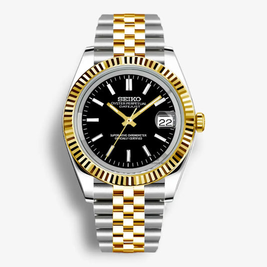 Seiko Mod Datejust – Obsidian Black Dial with Luxe Gold Bracelet