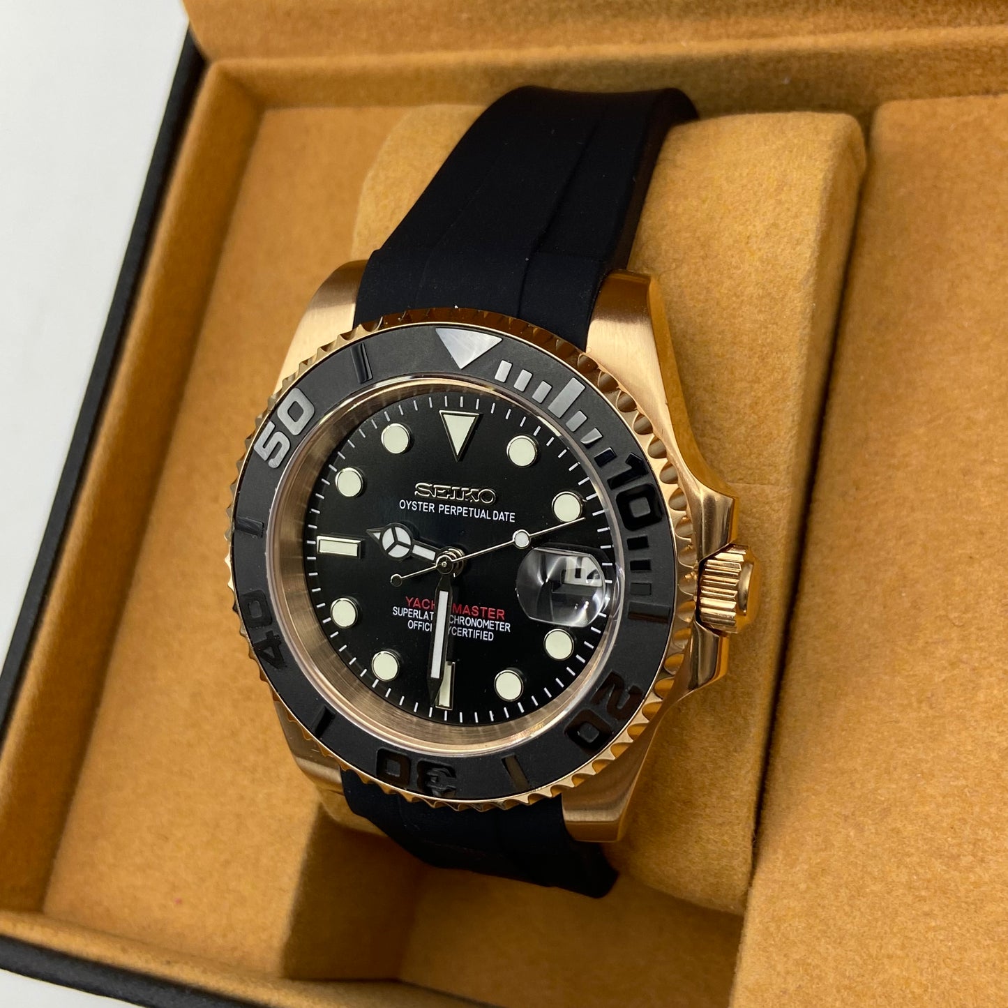 Seiko Mod Yacht Master– Midnight Dial with Gold Case & Sport Rubber Strap