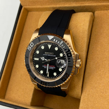 Seiko Mod Yacht Master– Midnight Dial with Gold Case & Sport Rubber Strap