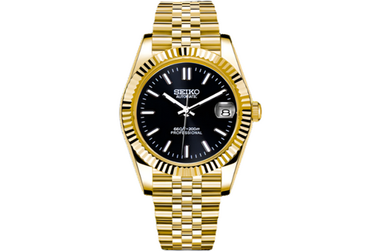 Gold watch with black face on a white background