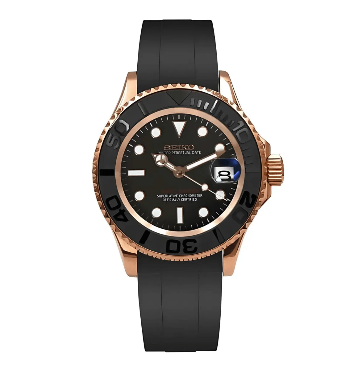 Seiko Mod Yacht Master– Midnight Dial with Gold Case & Sport Rubber Strap