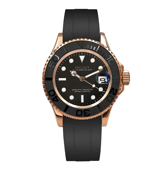 Seiko Mod Yacht Master– Midnight Dial with Gold Case & Sport Rubber Strap